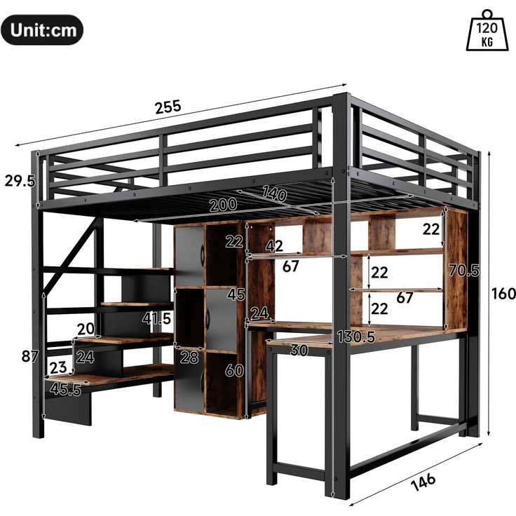Hochbett, 140x200 cm, Metallbettgestell, Leiterschrank, Ablagefach, LED-Lichtleiste, Ohne Matratze, schwarz – Bild 8