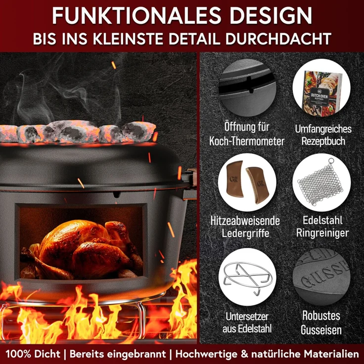 Dutch Oven Set 2in1 5 l aus Gusseisen – mit Ledergriffen, Ringreiniger & Untersetzer, für Grill, Lagerfeuer, Herd & Backofen – Bild 3