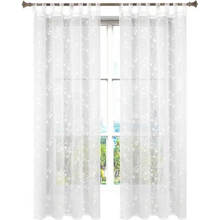 Woltu Gardine (2 St), halbtransparent, Blumen Stickerei mit Schlaufen Leinen Optik – Bild 4