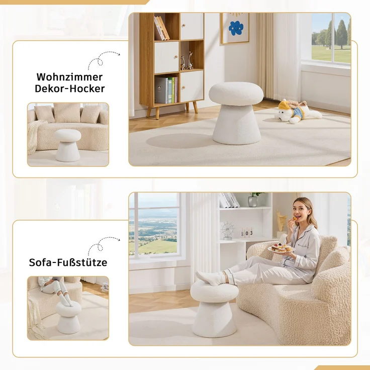 066-Moderner Drehbarer Hocker für Wohnzimmer Schlafzimmer, Kreativer Pilzform Teddystoff Polsterhocker mit 360 Rotation, Bequemer Kleiner Schminktisch Hocker für Erwachsene & Kinder, Weiß--Weiß--41x41x44cm--YOUDENOVA – Bild 5