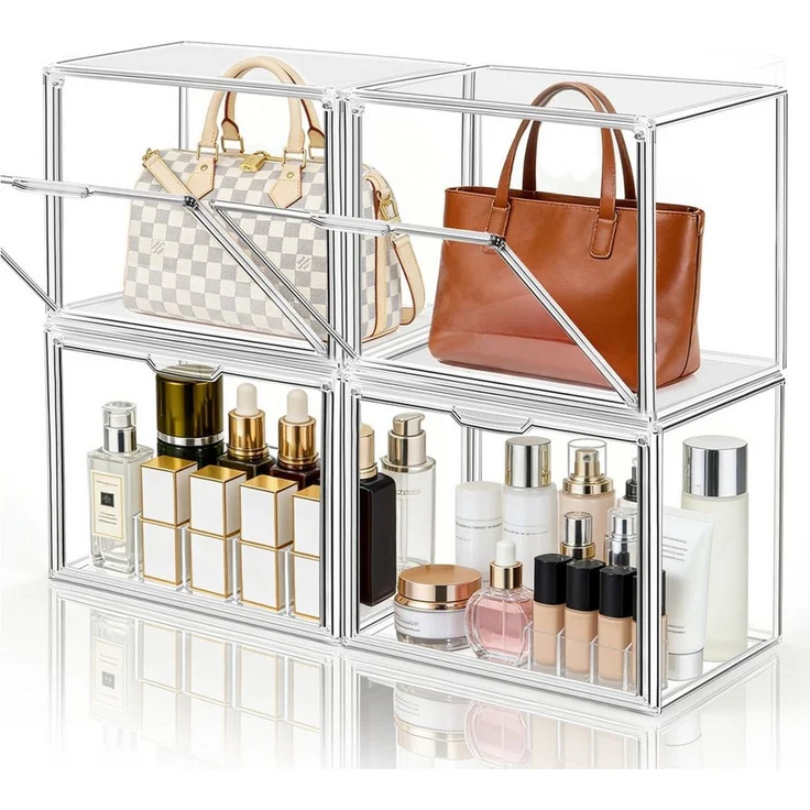XIIW Vitrine 4X Handtaschen Aufbewahrung Organizer Transparente Kunststoff (Stapelbare Displaybox mit Magnetischer Tür, Taschen-Organizer, Aufbewahrungsschubladen, Schuh Aufbewahrungsboxen für Schrank, Spielzeug-Organisation und Ausstellung (36 x 27 x 22 cm... – Bild 3
