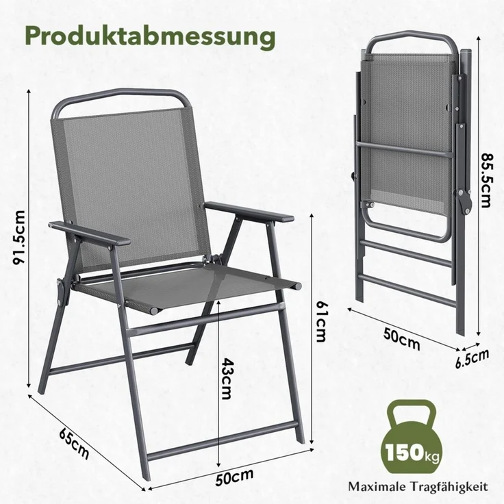 TLGREEN Klappstuhl Eisen-Gartenstuhl,Campingstuhl aus Texteline-Gewebe, (2 St), Bis 120kg,für Garten, Terrasse, Balkon und Camping – Bild 2