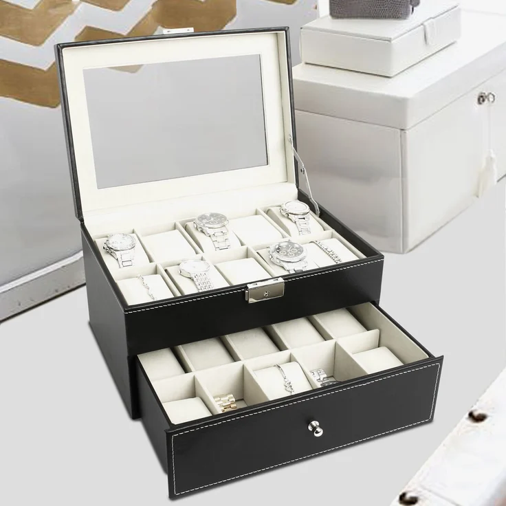 Todeco - Uhrbox, Uhr und Armband Aufbewahrung - Material der Box: MDF - Kissenmaterial: Samt - 20 Uhren mit Schublade und Display, Schwarz/Beige – Bild 3