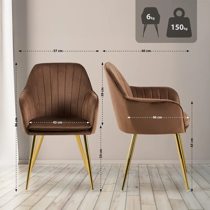 Esszimmerstuhl SULIS - Samt Braun 60x86x57 cm Gold | Essstühle Esszimmerstühle Küchenstühle Wohnzimmerstühle – Bild 7