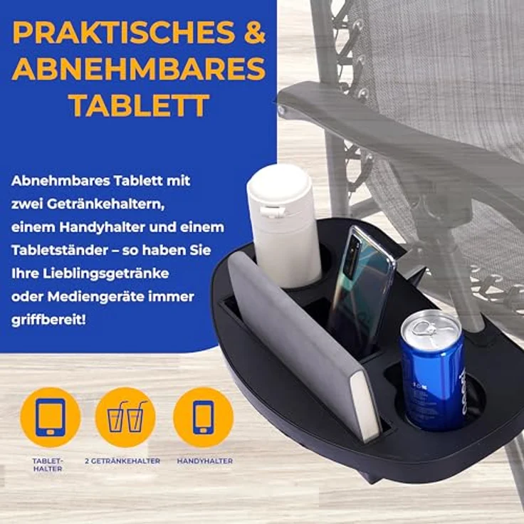 SereneLife Liegestuhl Klappbar, Relaxliege 2er Set Grau als Gartenmöbel zum Relaxen & Liegen, Sonnenstuhl für Balkon, Garten, Terrasse & Camping mit Seitentisch, Kopfkissen & Getränkehalter – Bild 6