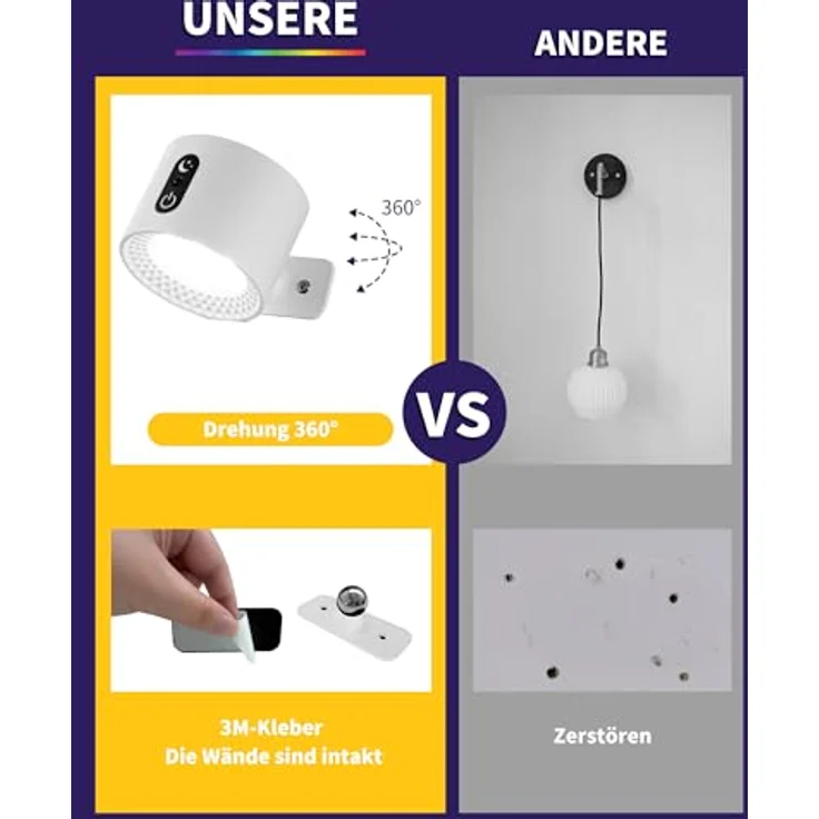 LuminexDesigns LED Wandleuchte Innen Akku – Kabellos Magnetisch Wandlampe RGB, Touch Dimmbar mit Fernbedienung – Weiß Aufladbar Lampe zum Kleben, Ohne Bohren, Strom – für Bett, Treppenhaus, Bilder – Bild 5