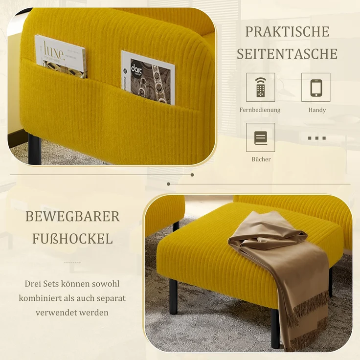 LVHOM Cord 3er-Set 2-Sitzer+Sessel+Hocker, Flexibel für Wohnzimmer Ecksofa mit Seitentaschen, Sitzgruppe Gelb – Bild 5
