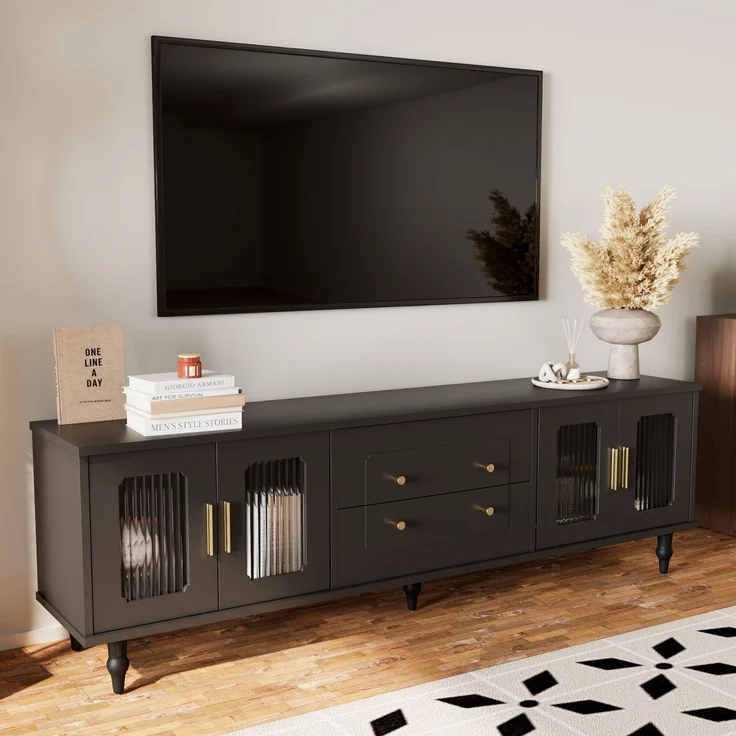 TV-Schrank 175 cm Schwarz mit Rattan-Türen, Push-to-Open Schubladen, mit goldenen Griffen und Stützfüßen – Bild 5