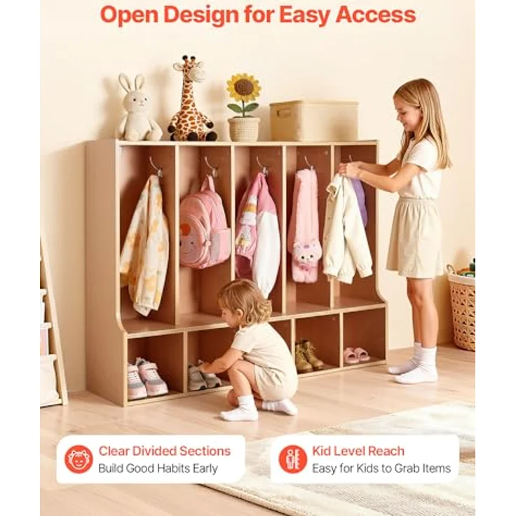 VEVOR Offener Kinderkleiderschrank, Garderobe mit 10 Haken & 10 Fächern (5 Groß + 5 Klein), langlebig & sicher, ideal für Kinderzimmer und Kita – Bild 4