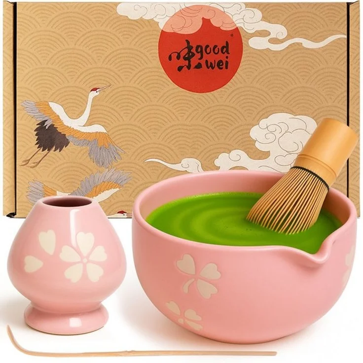 Goodwei Teeservice Matcha Latte Set Hanami – Schale mit Ausgießer, Matchabesen und Halter (4-tlg), 1 Personen, Keramik, handgearbeitet