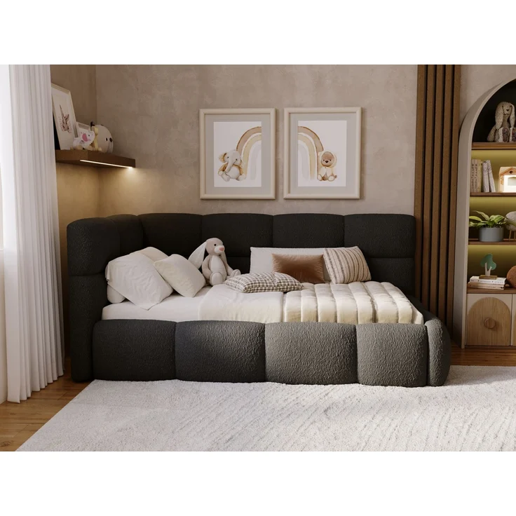 GRAINGOLD Modo One Jugendbett 90x200, Einzelbett mit Bettkasten, mit Lattenrost, Bouclé-Stoff, Rechts, Schwarz – Bild 5