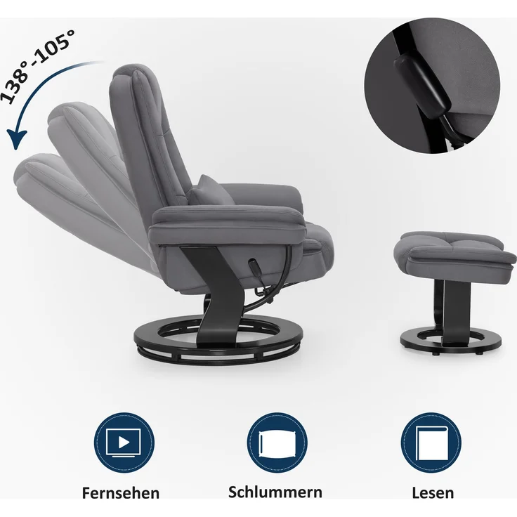 M MCombo Relaxsessel mit Liegefunktion, Lesesessel, 360° Drehbarer Fernsehsessel, mit Hocker, mit Kissen & Seitentasche, bis 120 Kg Belastbarer TV-Sessel für Wohnzimmer, 9099 (Grau-Mikrofaser) – Bild 4