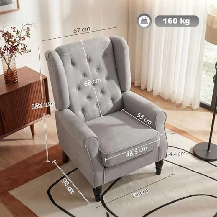 HOMCOM Sessel Einzelsessel, Akzentsessel mit Tufting Holzfüße (Ohrensessel, 1-St, Relaxsessel), für Wohnzimmer, Grau – Bild 3