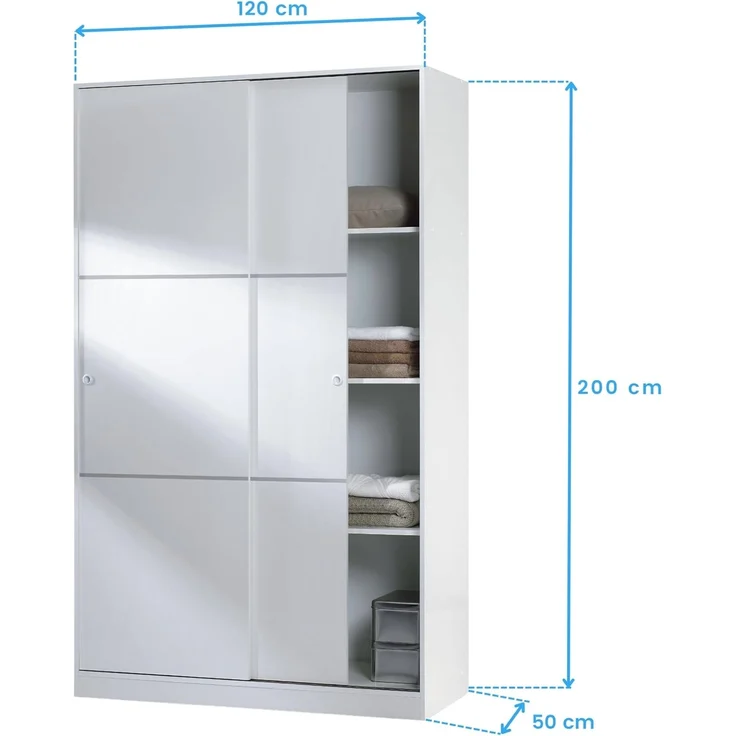 Habitdesign Kleiderschrank mit 2 Schiebetüren, Kleiderstange und Regalen, Schlafzimmerschrank, Modell Top 120, Hochglanz-Finish, Maße: 120 cm (L) x 200 cm (H) x 50 cm (T) – Bild 3