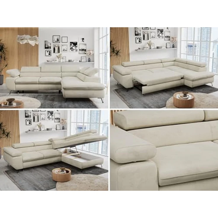 Mks Möbel 'Peter L-form' Ecksofa mit Bettfunktion, Bettkasten & einstellbaren Kopfstützen, Beige, Velours, rechts – Bild 2