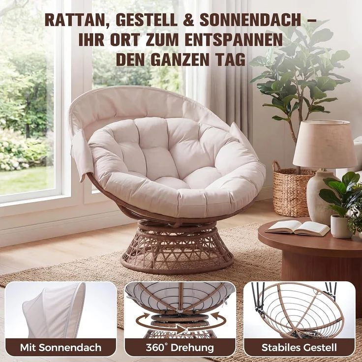 COMHOMA Papasansessel, gemütlicher Drehsessel mit Kissen rund, bequemer Rattansessel, Loungesessel drehbar, runder Relax Korbsessel Rattan für Wohnzimmer, Leseecke, Lounge - BEIGE – Bild 7