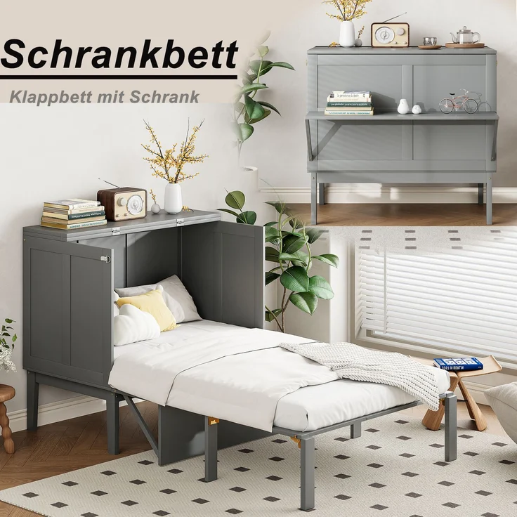 Novelux Vertikales Schrankbett 90x200 cm Wandklappbett mit Lattenrost – Platzsparendes Einzelbett aus Holz & Metall für kleine Räume, Grau, 150 kg – Bild 3
