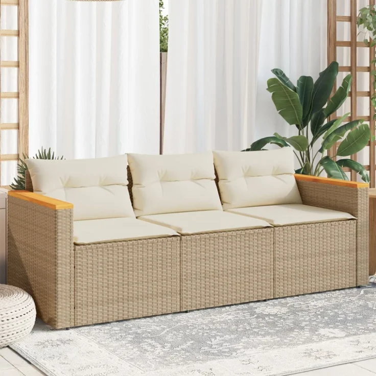 vidaXL Gartensofa mit Kissen 3-Sitzer Beige Poly Rattan 365831 – Bild 1