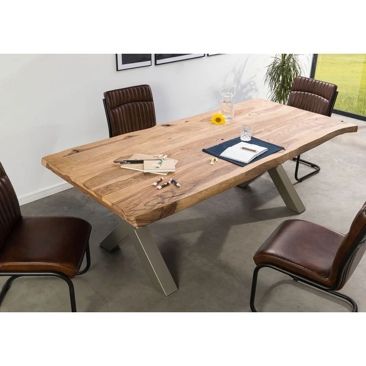 Baumtisch Sheesham 200x100x77 natur sandgestrahlt / X-Beine silber matt FREEFORM 5 – Bild 2