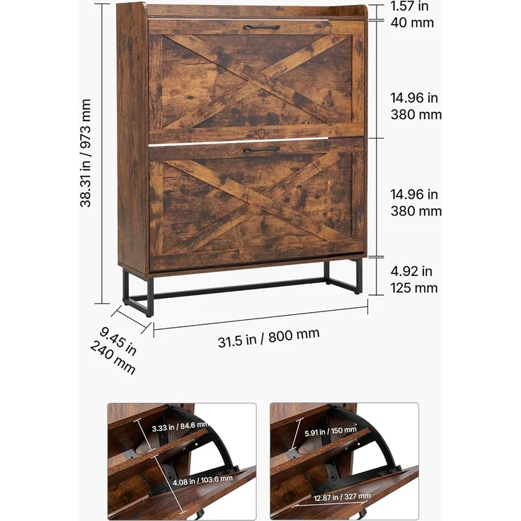 VEVOR Schuhschrank mit 2 Klappen & Kippschutz, platzsparender Schuhkipper, freistehender Schuhregal-Organizer für den Eingang Flur Wohnzimmer Veranda, Vintage Schuhregal 800 x 240 x 973 mm Braun – Bild 3