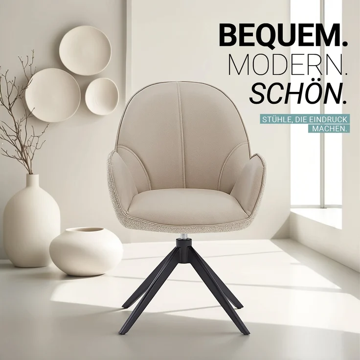 Esszimmerstuhl Drehbar Polsterstuhl mit Armlehne Bouclé Leder Beige Drehstuhl Esszimmer Sessel Modern Armlehnenstuhl – Bild 5