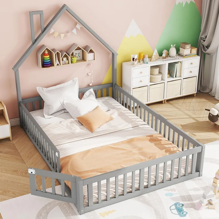 Ball & Cast Bodenbett (140x190 cm), Jugendbett und Hausbett mit Schornsteinform, Kinderbett 90x200 mit rausfallschutz, ohne Matratze, Grau