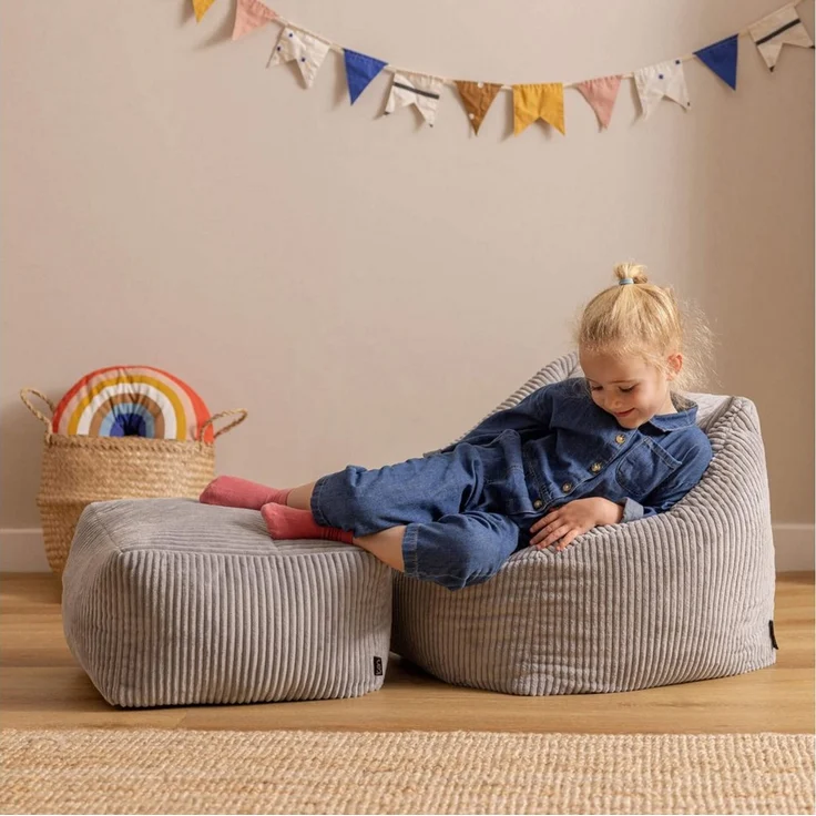 Icon Natalia Sitzsack Kinder mit Hocker, Grau, Flauschiger Cord Stoff, Sitzsack Cord mit Füllung, Bequemer Kinder Sessel, Kuschelsessel, Lese Sessel, Schlafzimmer, Kinderzimmer, Spielzimmer – Bild 2