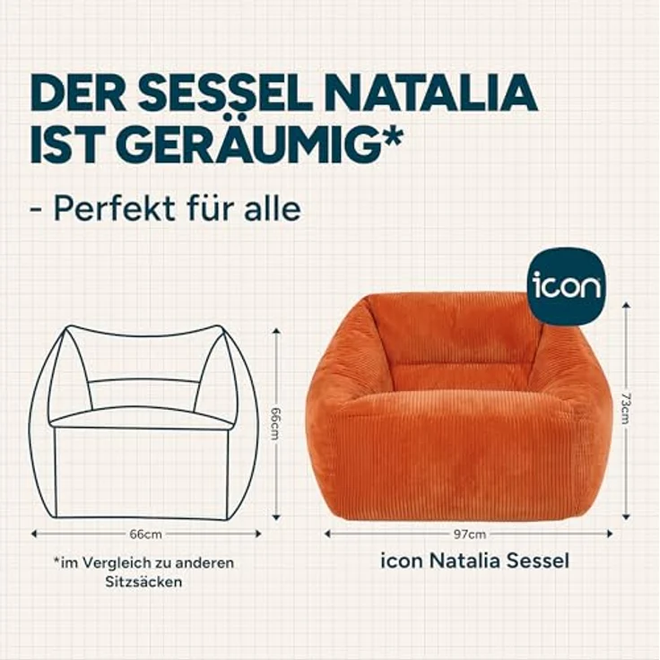 Icon Natalia Sitzsack Sessel für Erwachsene, Orange, Flauschiger Cord Stoff, Riesen Sitzsack Cord mit Füllung, Bean Bag Chair, Bequemer Sessel Wohnzimmer, Lounge, Schlafzimmer, Büro – Bild 4