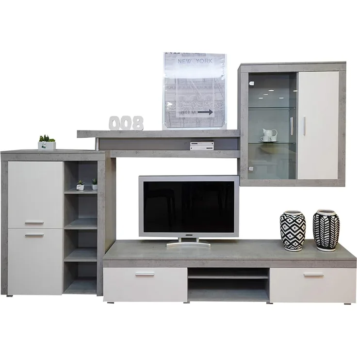 Dmora Wohnzimmerwandsystem, TV-Schrank, Regale und Vitrine, Komplettes modernes Wohnzimmer, Made in Italy, 293x50h144 cm, Weiß und Zementfarbe