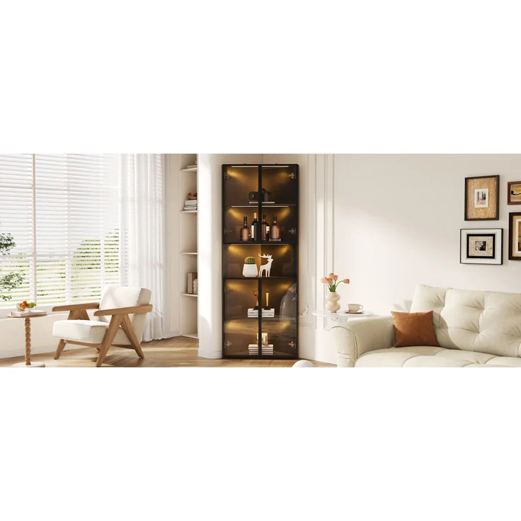 ZUBALIYA Dreieckige Vitrine 62x32x160cm – Schwarzer Eckschrank mit Glasfront, LED-Beleuchtung, Offener Mittelbereich – Display-Schrank für Sammlerstücke, Gläser & Dekoration – Bild 17