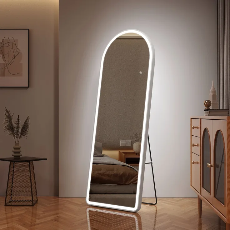 EMKE Bogen Standspiegel Ganzkörperspiegel mit LED Beleuchtung 3 Lichtfarbe Einstellbar Dimmbar, mit Rahmen aus Aluminiumlegierung Weiß 160x60cm