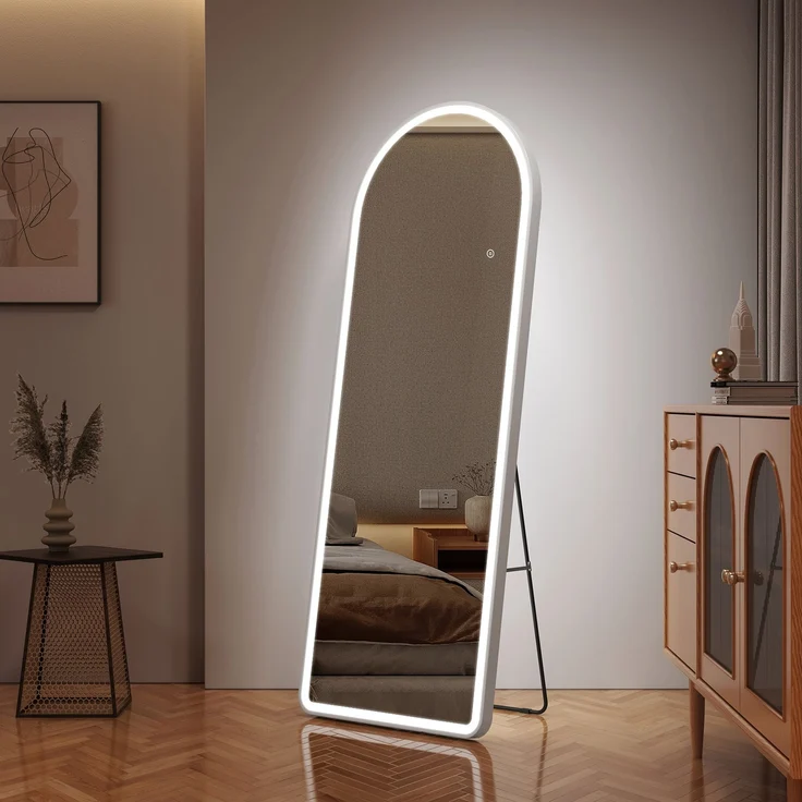 EMKE Bogen Standspiegel Ganzkörperspiegel mit LED Beleuchtung 3 Lichtfarbe Einstellbar Dimmbar, mit Rahmen aus Aluminiumlegierung Weiß 160x60cm – Bild 1