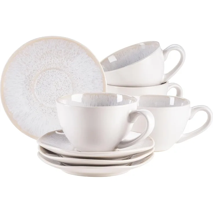 Kaffeetassen Set mit Untertassen für 4 Personen aus schöner Keramik, Cappuccinotassen mit gesprenkelter Glasur, organische Formen im Vintage Look; Weiß