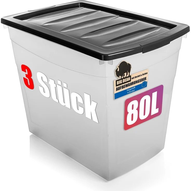 BigDean 3x80 L Aufbewahrungsbox mit Deckel und Rollen groß Budget Line Plastikbox mit Deckel XXL – Bild 1