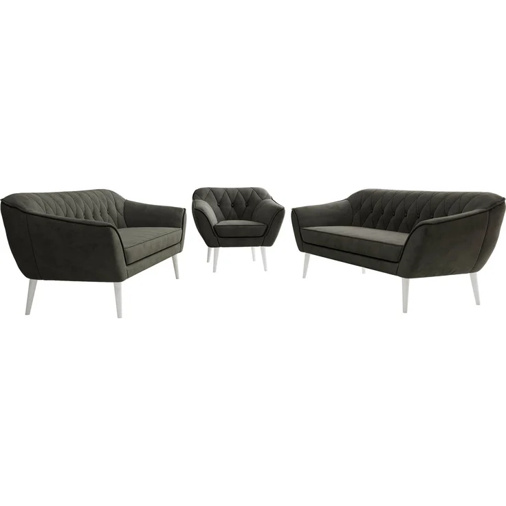 Wohnzimmerset, Möbelset PIRS 3-3-1, Armlehnen, Wellenfederung, weiße Füße, Dreisitzer Sofas mit Sessel, Polstermöbel Set - Dunkelgrau Velvet – Bild 6
