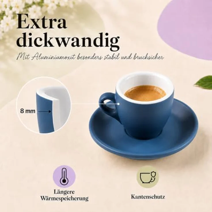 MUVELL Espressotasse Espressotassen 4er Set mit Untertassen, 50ml, Porzellan matt, 4-tlg, Porzellan, verschiedene Farben, Barista-Design, dickwandig, Soft-Touch – Bild 4