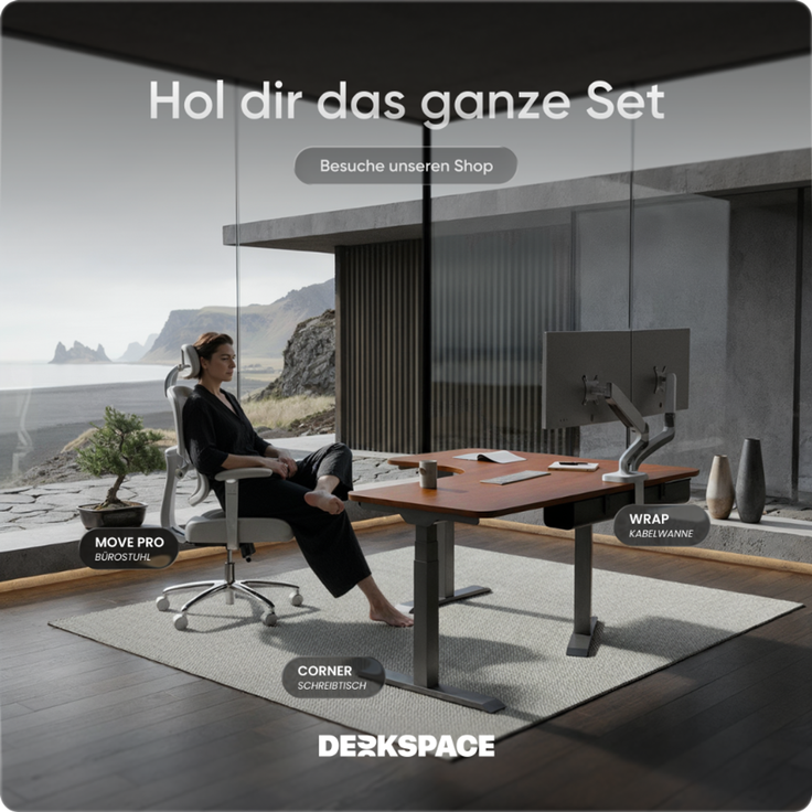DESKSPACE CORNER Schreibtisch, Elektrisch höhenverstellbar, 160 x 130 x 70 cm, Mahagoni Tischplatte, Graues Gestell – Bild 9