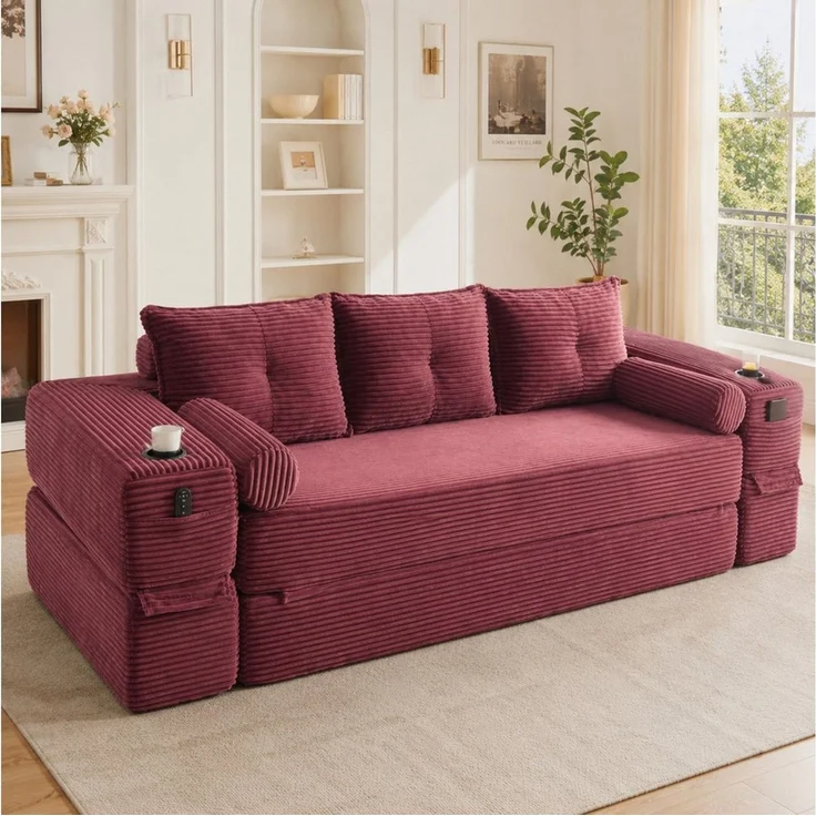 HAUSS SPOLE Schlafsofa 3-Sitzer Klappsofa aus Cord,Loungesofa mit Getränkehalter & Taschen, Cord-Multifunktionssofa mit hochdichtem Schaumstoff und Reißverschluss, Dreisitzer ausklappbare Schlafcouch-Funktion – Bild 2