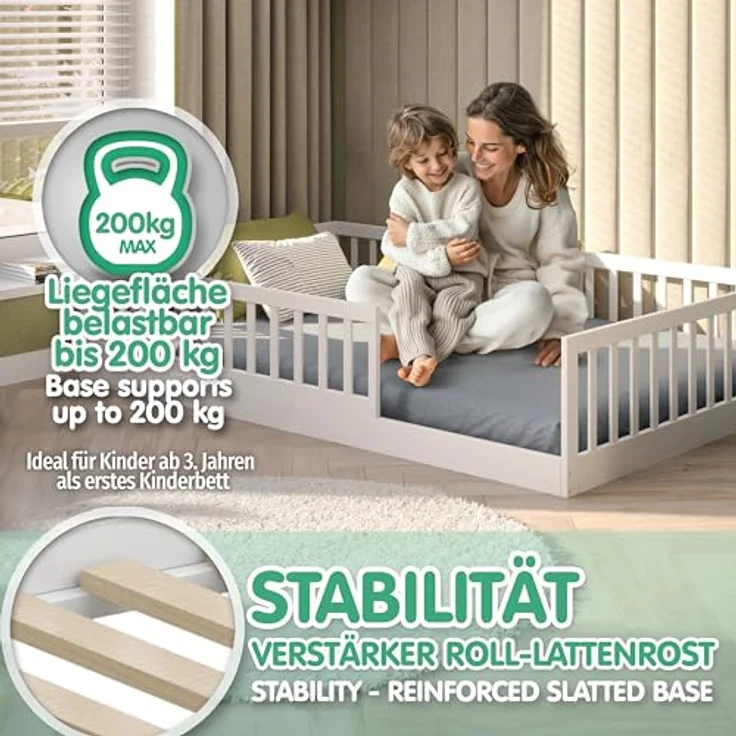 CADANI Kinderbett CADANI Timi Kinderbett Montessori Bodenbett (abnehmbarer Rausfallschutz), integrierter Lattenrost – Bild 5