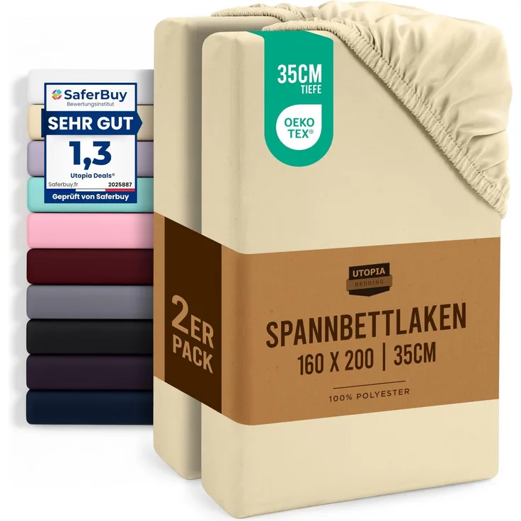 Utopia Bedding - 2er Set Spannbettlaken 160x200 cm - Beige - Oeko-Tex Zertifiziertes - Gebürstete Mikrofaser Spannbetttuch - 35 cm Tiefe Tasche