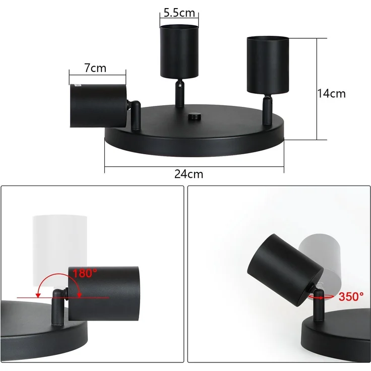 ZMH LED Deckenleuchte Schwarz Deckenstrahler - Deckenlampe 3 Flammig Rund Deckenspots GU10 Strahler Metall Küchenlampe Schwenkbar 350° Spotleuchte für Wohnzimmer Schlafzimmer Küche Flur - Ohne Birne – Bild 4