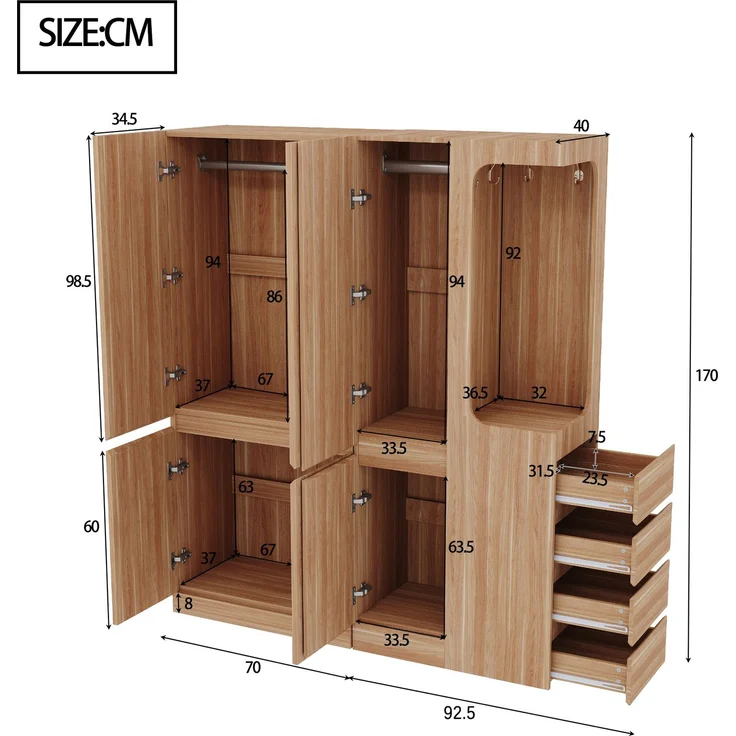 CHICFURN Kleiderschrank aus Holz, Naturholz, 140x170x40 cm, mit 4 Schubladen und offenem Hängebereich – Bild 8