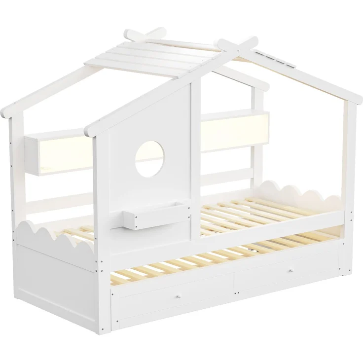 Merax Kinderbett, Jugendbett, 90x200cm, mit Ausziehbett 90x190cm, mit 2 Schubladen, mit USB- und Typ-C-Ladeanschlüssen und LED, mit Einlegeböden, Weiß – Bild 8