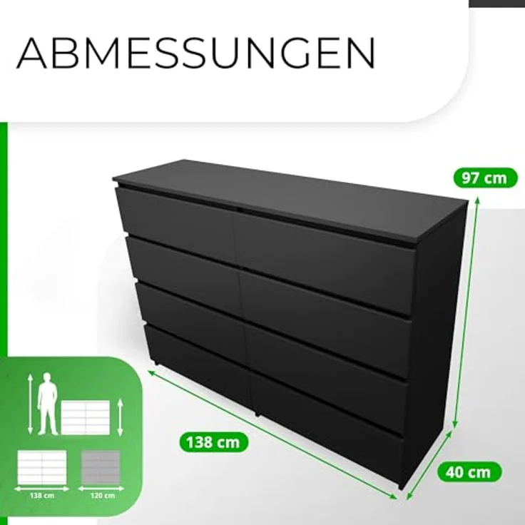 CDF Kommode Malwa M8 140| Farbe: Schwarz | Schrank für Dokumente, Kleinigkeiten | Ideal für Wohnzimmer, Schlafzimmer, Kinderzimmer, Jugendzimmer und Büro | 8 geräumige Schubladen – Bild 4