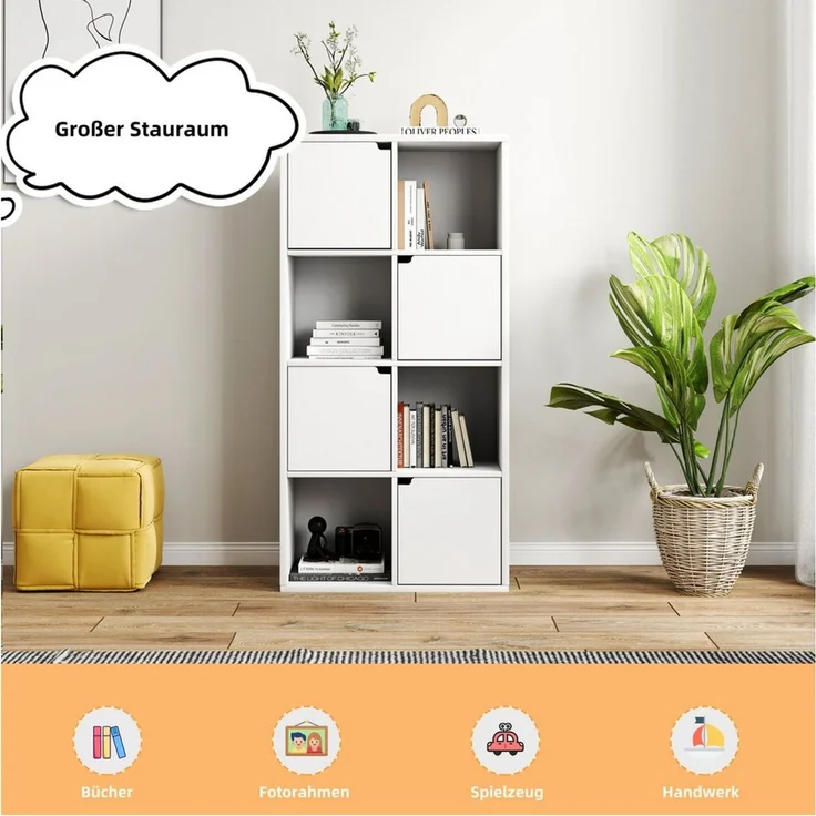 oyajia Bücherregal Bücherschrank 112cm für Wohnzimmer Home Office, 8 Fächer mit 4 Türen, Standregale, für Wohnzimmer, Büro, Weiß – Bild 3