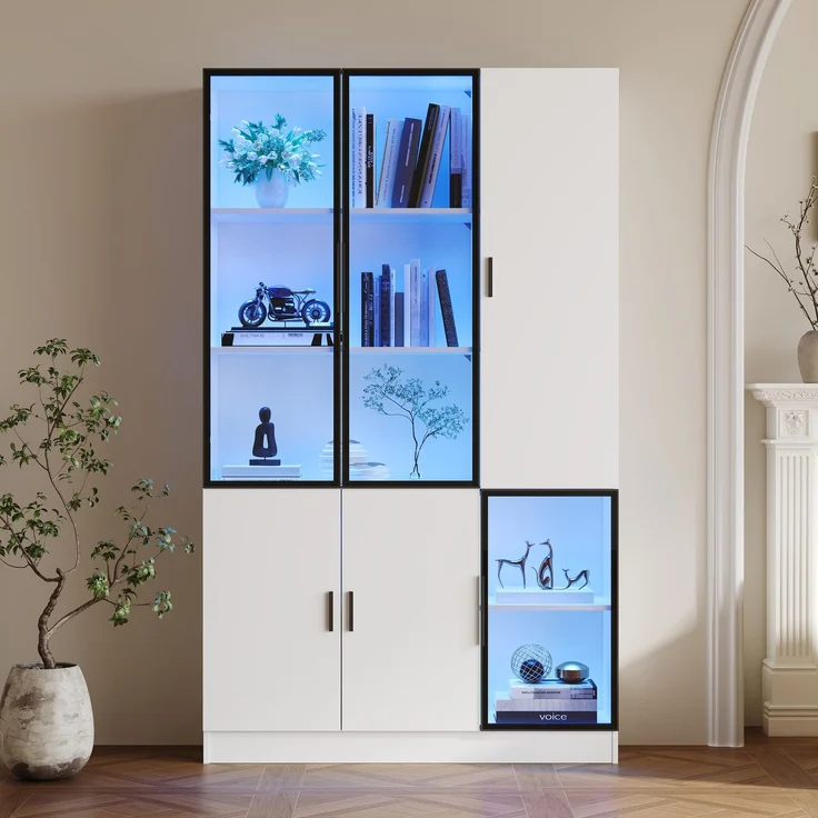 Vitrine 120x35x200 cm in Weiß mit 3 Glastüren, LED und 10 Stauräumen – Bild 4