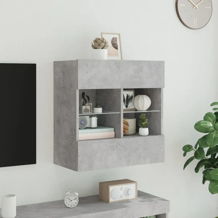 TV-Wandschrank, Fernsehschrank mit LED-Leuchten Betongrau 58,5 x 30 x 60,5 cm – Bild 4