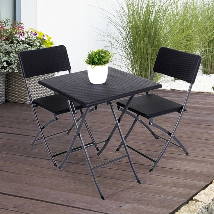 3-Teiliges Garten Set, 1x Tisch, 2x Stühle, klappbar, Stahl/Kunststoff Schwarz – Bild 2