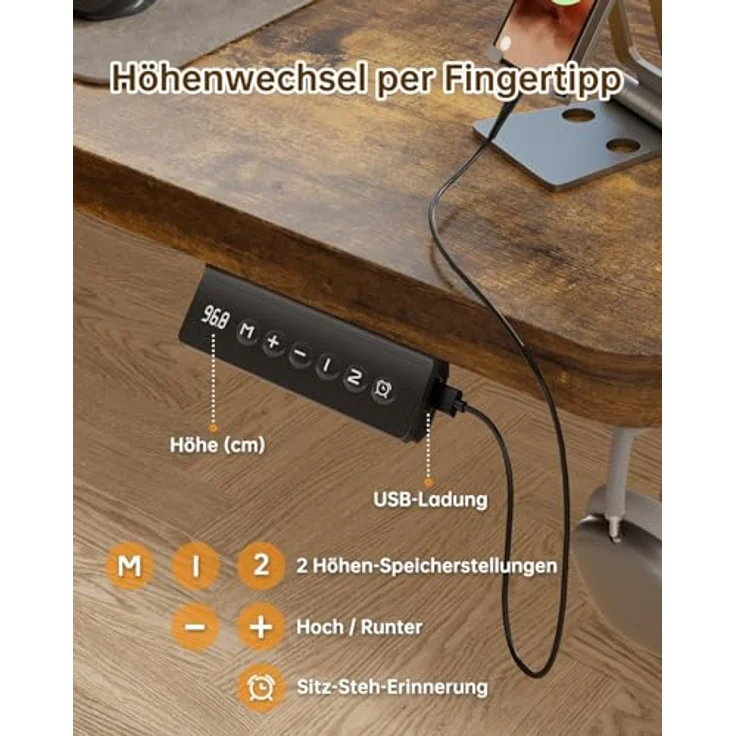 JUMMICO Höhenverstellbarer Elektrischer Schreibtisch 160x70 cm mit USB Ladeanschluss, Schreibtisch Höhenverstellbar, Ergonomischer Steh-Sitz Tisch Dunkelbraun – Bild 6