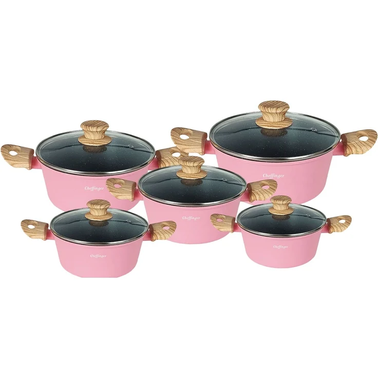 Kochtopf-Set 10-tlg. mit Glasdeckeln – Induktion geeignet, Antihaft-Marmorbeschichtung Pink – Bild 1
